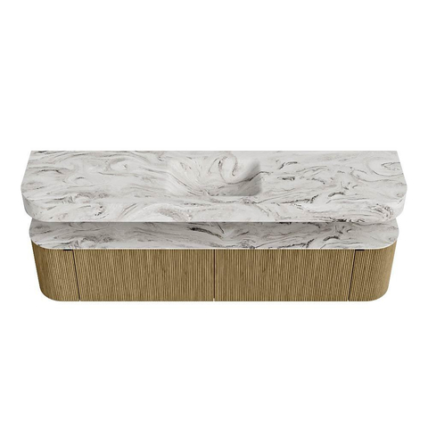 MONDIAZ THOR-DLUX 200cm meuble de salle de bains arrondi gauche + droite couleur Dusk avec 2 tiroirs et 2 portes. Vasque suspendue CLOUD Centre sans trou de robinet couleur Glace. SW1466838