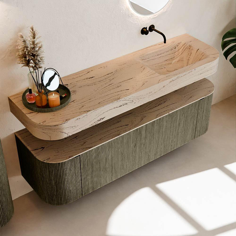MONDIAZ THOR-DLUX 160cm meuble de salle de bains arrondi gauche + droite couleur Shadow avec 1 tiroir et 2 portes. Vasque suspendue CLOUD droite sans trou de robinet couleur Arena. SW1465154