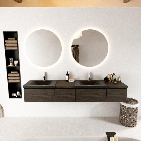 MONDIAZ BUKLA 200cm ensemble de meuble avec module 40 gauche couleur Marron Foncé avec 4 tiroirs. Lavabo CLOUD double 2 trous de robinet couleur Urban. SW1382234