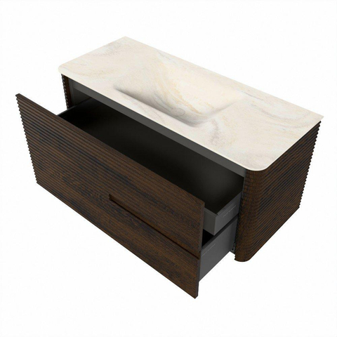 Mondiaz CIRO-DLUX Badkamermeubelset - 110x45x50cm - Solid surface wastafel Ostra - 1 wasbak Midden - 1 kraangat - 2 lades - Walnut SW1530363