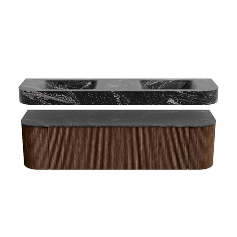 MONDIAZ THOR-DLUX 170cm meuble de salle de bains arrondi gauche + droite couleur Walnut avec 1 tiroir et 2 portes. Vasque suspendue CLOUD Double 2 trous de robinet couleur Lava. SW1465590