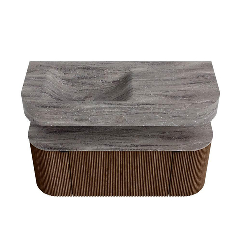 MONDIAZ THOR-DLUX 110cm badmeubel ronding links + rechts kleur Walnut met 1 lade en 2 deuren. Vrijhangende wastafel CLOUD Links 1 kraangat kleur Oza. SW1462984