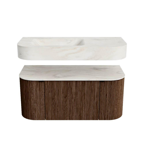 MONDIAZ THOR-DLUX Meuble de salle de bains - 100cm - arrondi gauche + droite - couleur Walnut - 1 tiroir et 2 portes - Vasque suspendue CLOUD Gauche sans trou de robinet - couleur Ostra SW1467374