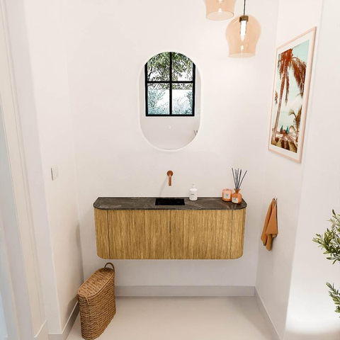 Mondiaz JOYA-DLUX 113.2cm toiletmeubel - ronding links en rechts kleur Oak - Wastafel FAYE positie Midden Zonder kraangat kleur Lava. SW1422138