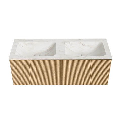 MONDIAZ KURVE-DLUX Meuble de salle de bains 120 cm couleur Oak avec 1 tiroir. Lavabo LEAF double sans trou de robinet couleur Ostra. SW1137745
