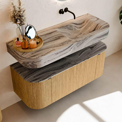 MONDIAZ THOR-DLUX 120cm badmeubel ronding links + rechts kleur Oak met 1 lade en 2 deuren. Vrijhangende wastafel CLOUD Rechts zonder kraangat kleur Sombra. SW1463649