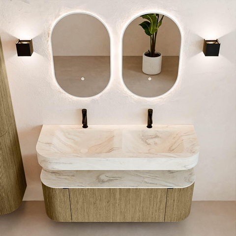 MONDIAZ THOR-DLUX 130cm meuble de salle de bains arrondi gauche + droite couleur Dusk avec 1 tiroir et 2 portes. Vasque suspendue CLOUD Double 2 trous de robinet couleur Ostra. SW1463502