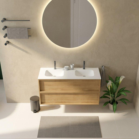Saniclass Holz Frame Ensemble de meubles de salle de bains - 120x45x61.5cm - Flow lavabo en solid surface blanc - 2 vasques - 2 trous de robinet - 2 tiroirs - chêne natural mat (bois) SW1579785