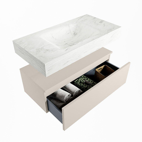 Mondiaz ALAN-DLUX Ensemble de meuble - 90cm - meuble Linen mat - 1 tiroir - Lavabo Cloud Opalo suspendu - vasque Centre - 0 trous de robinet SW806642