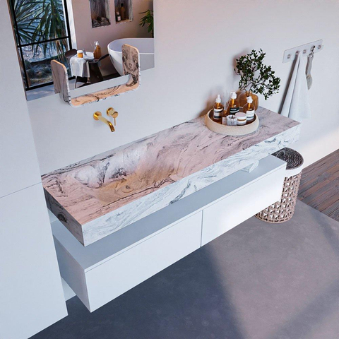 Mondiaz ALAN-DLUX Ensemble de meuble - 150cm - meuble Talc mat - 2 tiroirs - Lavabo Cloud Glace suspendu - vasque Gauche - 0 trous de robinet SW805648