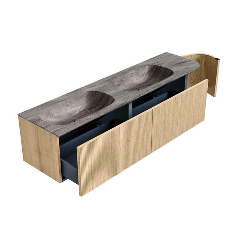 MONDIAZ KURVE-DLUX 175cm meuble de salle de bains arrondi Droite couleur Chêne avec 2 tiroirs et 1 porte. Lavabo STOR SMALL Double / Gauche sans trou de robinet Oza. SW1432690