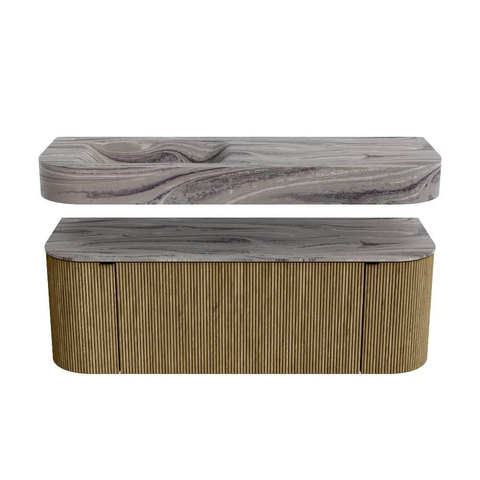 MONDIAZ THOR-DLUX Meuble de salle de bains 130cm arrondi gauche + droite couleur Dusk avec 1 tiroir et 2 portes. Vasque suspendue CLOUD Gauche 1 trou de robinet couleur Sombra. SW1464071
