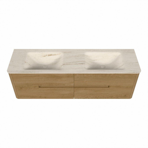 Mondiaz CIRO-DLUX Badkamermeubelset - 160x45x50cm - Solid surface wastafel Meli - 2 wasbak Dubbel - zonder kraangaten - 4 lades - Oak SW1531435