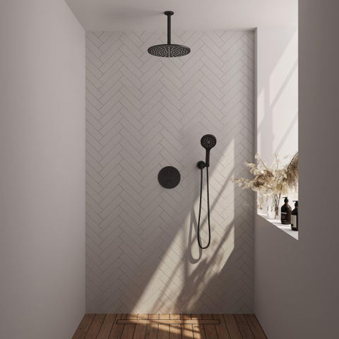 BRAUER Black Carving douche de pluie encastrée thermostatique - 3 voies - ronde - set 84 - pomme de douche 30cm - bras de plafond - douchette 3 jets - flexible de douche - coude mural - noir mat SW1159248