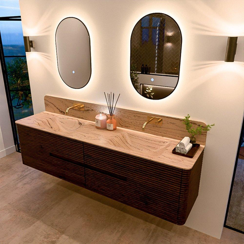 Mondiaz CIRO-DLUX Ensemble de meubles de salle de bains - 190x45x50cm - Plan vasque solid surface Arena - 2 vasques double - sans trous de robinetterie - 4 tiroirs - Noyer SW1530517
