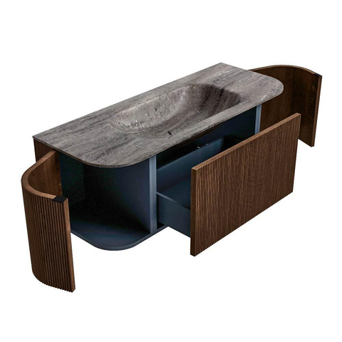 MONDIAZ KURVE-DLUX 120cm badmeubel ronding Links + Rechts kleur Walnut met 1 lade en 2 deuren. Wastafel BIG SMALL Midden zonder kraangat Oza. SW1432714
