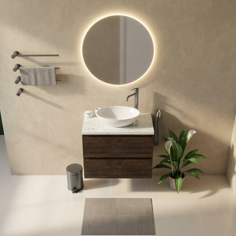 Saniclass Holz Pure Ensemble de meubles de salle de bains - 80x45x63cm - Plan vasque en marbre Dia poli (blanc) - 1 trou de robinet - 2 tiroirs - chêne charcoal mat (bois) SW1479069