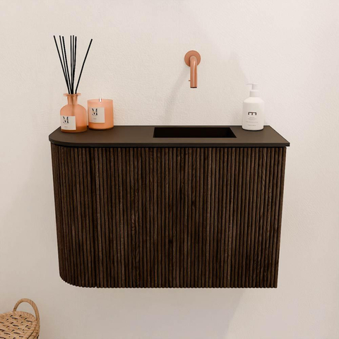 Mondiaz JOYA 61.6cm toiletmeubel - ronding links kleur Walnut - Wastafel FAYE positie Rechts Zonder kraangat kleur Urban. SW1421375
