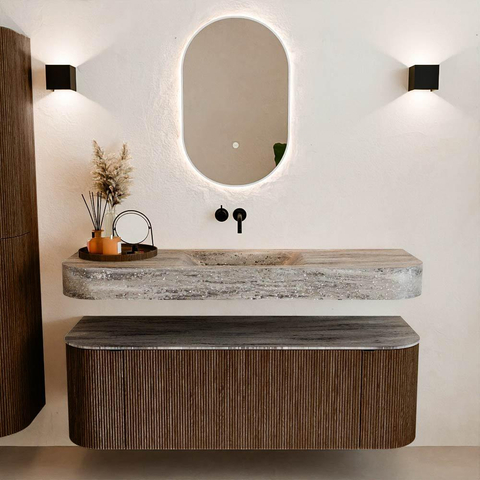 MONDIAZ THOR-DLUX 140cm meuble de salle de bains arrondi gauche + droite couleur Walnut avec 1 tiroir et 2 portes. Vasque suspendue CLOUD Milieu sans trou de robinet couleur Oza. SW1464245