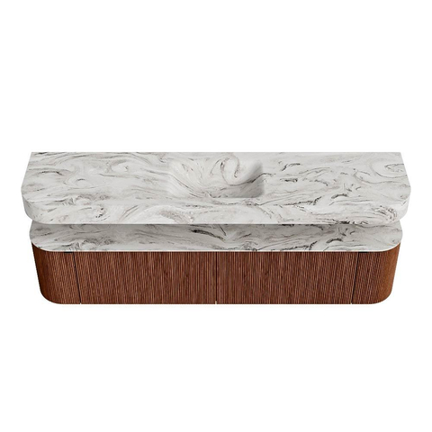 MONDIAZ THOR-DLUX 200cm badmeubel ronding links + rechts kleur Ruby met 2 lades en 2 deuren. Vrijhangende wastafel CLOUD Midden zonder kraangat kleur Glace. SW1466892