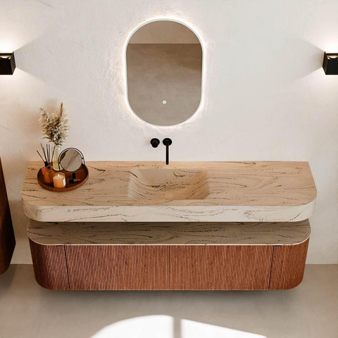 MONDIAZ THOR-DLUX 180cm meuble de salle de bains arrondi gauche + droite couleur Ruby avec 2 tiroirs et 2 portes. Vasque suspendue CLOUD Milieu sans trou de robinet couleur Arena. SW1466148