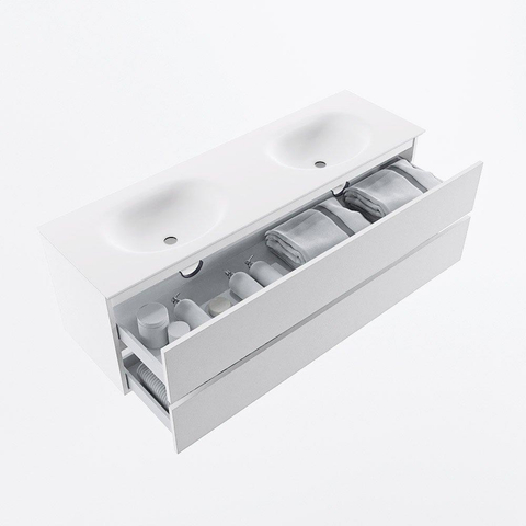 MONDIAZ VICA meuble sous lavabo 150cm Talc 2 tiroirs. Lavabo MOON double sans trou de robinet, couleur Talc. SW1381876
