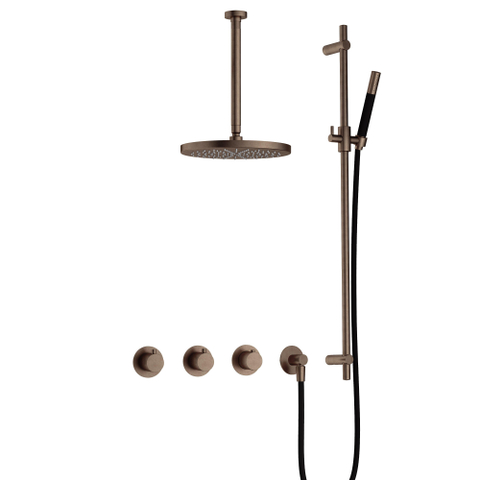 Hotbath Cobber IBS70 Regendoucheset - inbouw - 30cm plafondarm - 30cm ronde hoofddouche - staafhanddouche - glijstang - messing verouderd koper (goud) SW677611