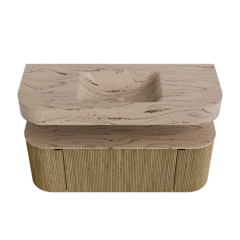 MONDIAZ THOR-DLUX 120cm meuble de salle de bains arrondi gauche + droite couleur Dusk avec 1 tiroir et 2 portes. Vasque suspendue CLOUD Milieu sans trou de robinet couleur Arena. SW1463386