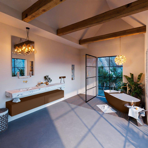 Mondiaz ALAN-DLUX Ensemble de meuble - 200cm - meuble Rust mat - 2 tiroirs - Lavabo Cloud Glace suspendu - vasque Gauche - 0 trous de robinet SW805996