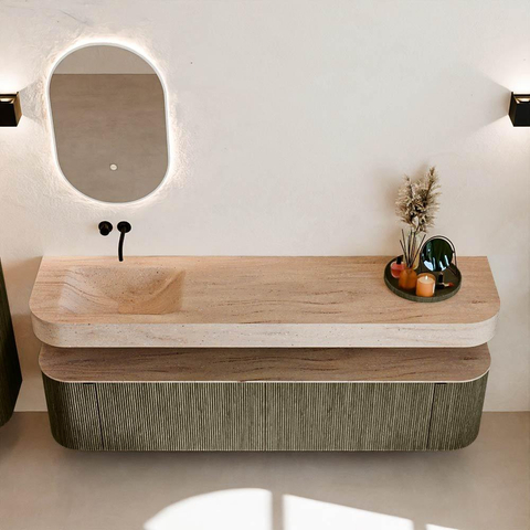MONDIAZ THOR-DLUX 190cm meuble de salle de bains arrondi gauche + droite couleur Shadow avec 2 tiroirs et 2 portes. Vasque suspendue CLOUD Gauche sans trou de robinet couleur Saba. SW1466687
