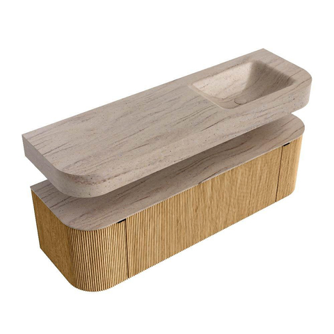 MONDIAZ THOR-DLUX 150cm badmeubel ronding links + rechts kleur Oak met 1 lade en 2 deuren. Vrijhangende wastafel CLOUD Rechts 1 kraangat kleur Saba. SW1464880