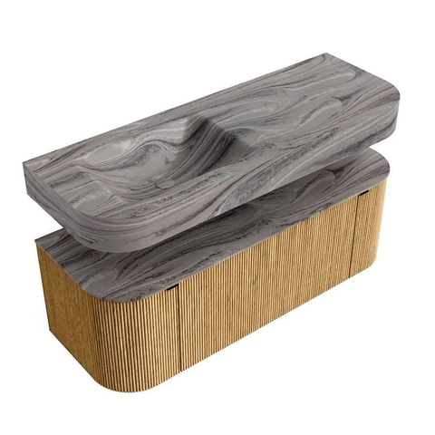 MONDIAZ THOR-DLUX 130cm badmeubel ronding links + rechts kleur Oak met 1 lade en 2 deuren. Vrijhangende wastafel CLOUD Links 1 kraangat kleur Sombra. SW1464043