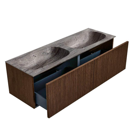 MONDIAZ KURVE-DLUX 140cm badmeubel kleur Walnut met 2 lades en 0 deuren. Wastafel STOR SMALL Dubbel zonder kraangat Oza. SW1432482