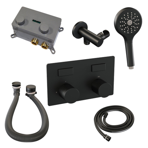 BRAUER Black Carving mitigeur de bain encastré thermostatique - boutons-poussoirs SET 04 - combinaison de remplissage de bain - douchette 3 jets - flexible de douche - coude de raccordement mural - noir mat SW925384