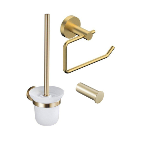 Fortifura Calvi Toiletset 3-delig - toiletrolhouder - zonder klep - toiletborstel - handdoekhaak enkel rond - PVD - geborsteld messing (goud) SW1248411