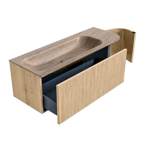 MONDIAZ KURVE-DLUX 125cm badmeubel ronding Rechts kleur Oak met 1 lade en 1 deur. Wastafel BIG MEDIUM Links zonder kraangat Saba. SW1433076
