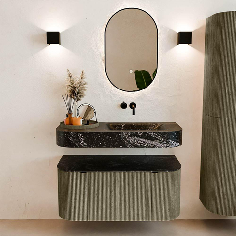MONDIAZ THOR-DLUX 100cm meuble de salle de bains arrondi gauche + droite couleur Shadow avec 1 tiroir et 2 portes. Vasque suspendue CLOUD Droite sans trou de robinet couleur Lava. SW1467516