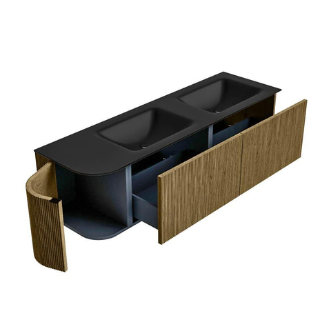 Mondiaz KURVE Ensemble de meuble de salle de bains - 155x46x40cm - 2 tiroirs - 1 porte - vasque solid surface - double / droite - sans trou de robinet - Dusk SW1414834