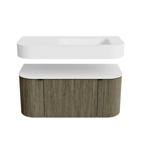 MONDIAZ THOR 100cm meuble de salle de bains arrondi gauche + droite couleur Shadow avec 1 tiroir et 2 portes. Vasque suspendue CLOUD Droite sans trou de robinet couleur Talc. SW1467440