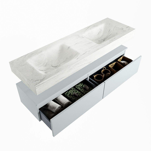 Mondiaz ALAN-DLUX Ensemble de meuble - 150cm - meuble Clay mat - 2 tiroirs - Lavabo Cloud Opalo suspendu - vasque Gauche et droite - 2 trous de robinet SW807127