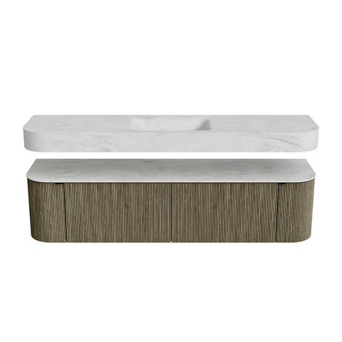 MONDIAZ THOR-DLUX 180cm meuble de salle de bains arrondi gauche + droite couleur Shadow avec 2 tiroirs et 2 portes. Vasque suspendue CLOUD Milieu sans trou de robinet couleur Opalo. SW1466137