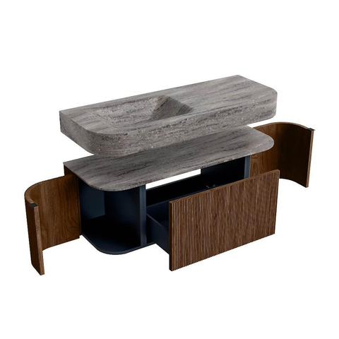 MONDIAZ THOR-DLUX 120cm badmeubel ronding links + rechts kleur Walnut met 1 lade en 2 deuren. Vrijhangende wastafel CLOUD Links 1 kraangat kleur Oza. SW1463410