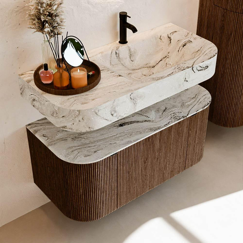 MONDIAZ THOR-DLUX 100cm meuble de salle de bains arrondi gauche + droite couleur Walnut avec 1 tiroir et 2 portes. Vasque suspendue CLOUD Droite 1 trou de robinet couleur Glace. SW1467407