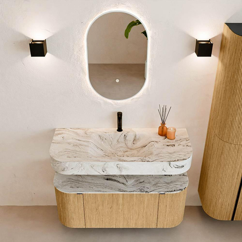 MONDIAZ THOR-DLUX Meuble de salle de bains 110cm arrondi gauche + droite couleur Oak avec 1 tiroir et 2 portes. Vasque suspendue CLOUD Milieu 1 trou de robinet couleur Glace. SW1462745