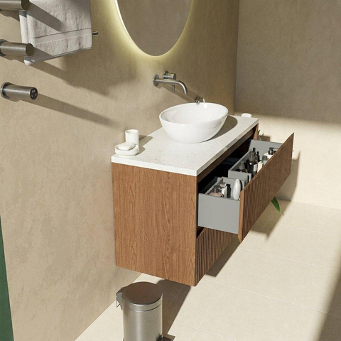 Saniclass Holz Atelier Ensemble meuble de salle de bains - 100x45x63cm - Plan vasque en marbre Dia poli (blanc) - sans trou de robinetterie - 2 tiroirs - walnut pure mat (bois) SW1479070