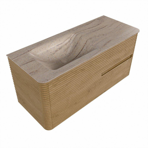 Mondiaz CIRO-DLUX Meuble de salle de bains - 110x45x50cm - Plan-vasque Solid surface Saba - 1 vasque à gauche - 1 trou de robinet - 2 tiroirs - Chêne SW1531180