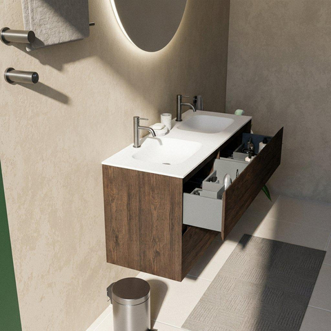 Saniclass Holz Pure Badkamermeubelset - 120x45x61.5cm - Flow solid surface wastafel wit - 2 wasbakken - 2 kraangaten - 4 lades - mat eiken charcoal (hout) SW1478426