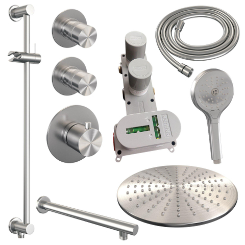 Brauer Brushed Edition Ensemble de douche encastrable - pomme de douche 30cm - 3 boutons - bras mural droit - barre curseur - partie encastrable - douchette ronde 3 jets - PVD - inox brossé SW374427