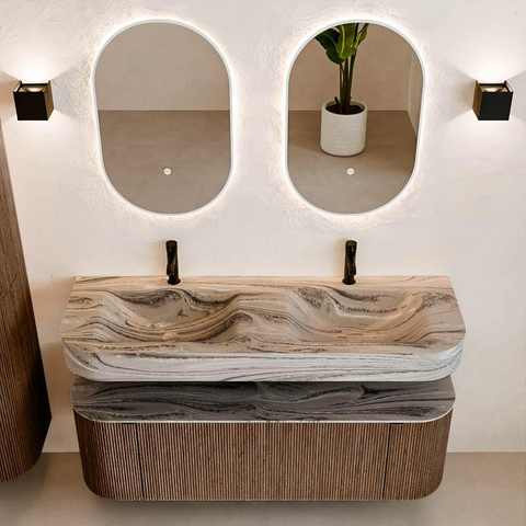 MONDIAZ THOR-DLUX 140cm badmeubel ronding links + rechts kleur Walnut met 1 lade en 2 deuren. Vrijhangende wastafel CLOUD Dubbel 2 kraangaten kleur Sombra. SW1464212