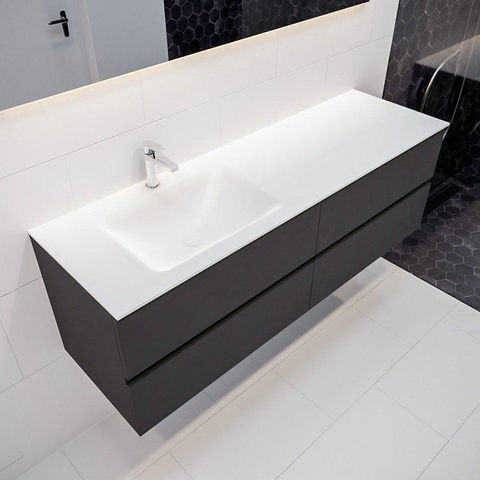 ENSEMBLE DE MEUBLE MONDIAZ VICA - 150cm - 4 tiroirs - lavabo Cloud gauche - 1 trou de robinet - solid surface gris foncé SW409850